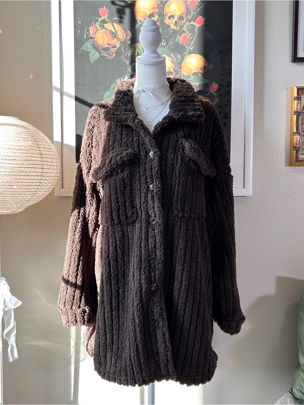 nyc Brown Fuzzy Knit Button Front Collared Cardigan Sweater 3X Women